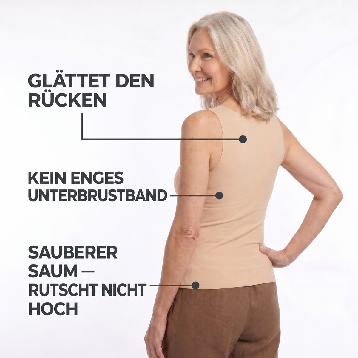 Rückenansicht: glättet den Rücken, kein enges Unterbrustband