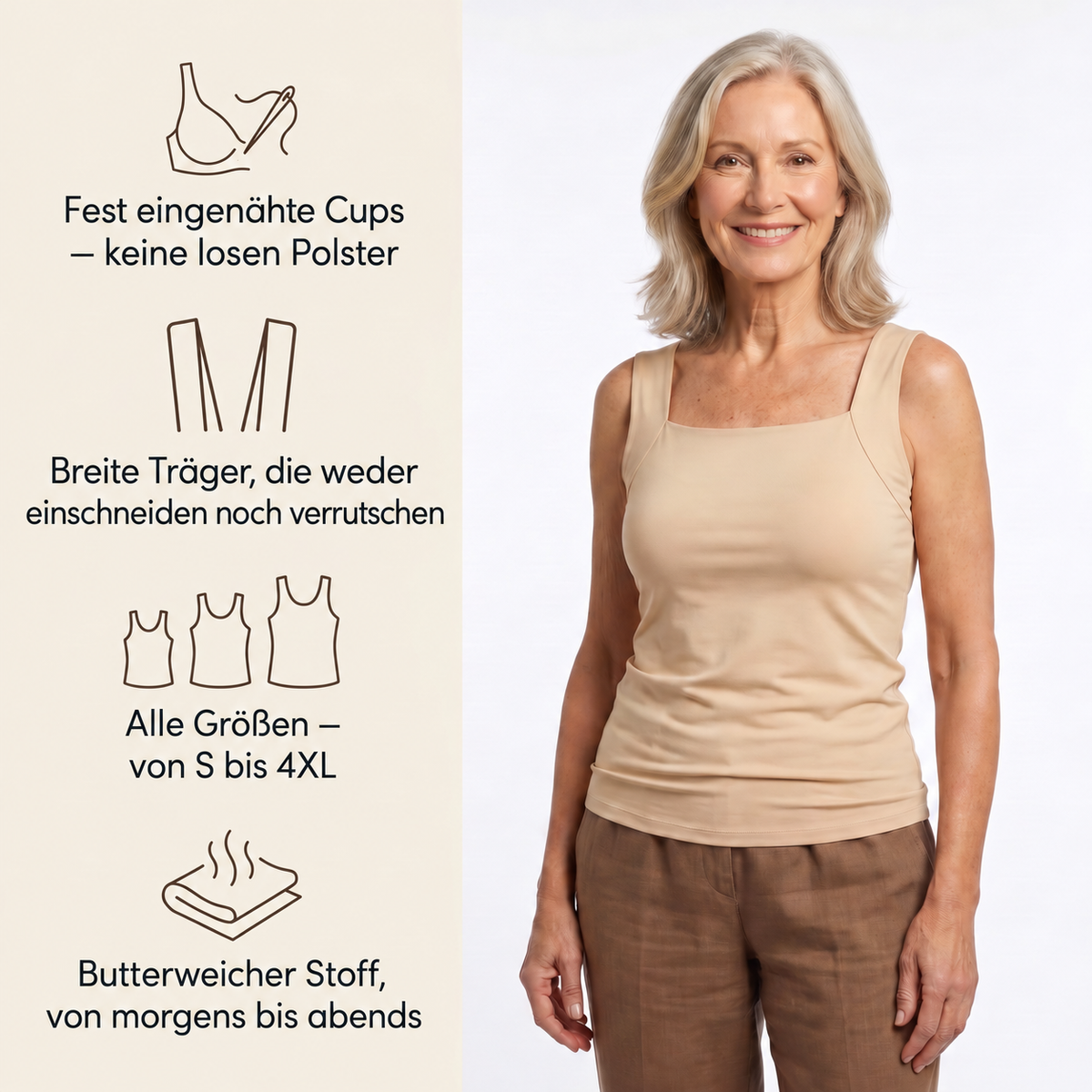 Vorteile: eingenähte Cups, breite Träger, S bis 4XL, weicher Stoff